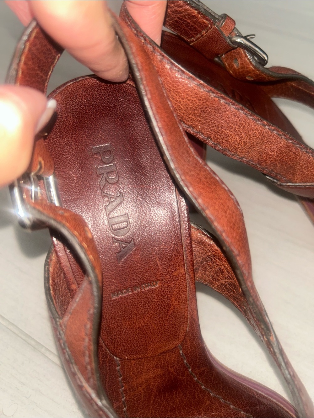 PRADA VINTAGE Leather Slingback Block Heel Sandal Brown/Purple Size 39 - Picture 7 of 11